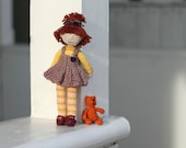 Crochet doll. Miniature doll with Teddy Bear. Crocheted dolls. Crochet art doll. Yellow, brown, orange, pale chestnut.