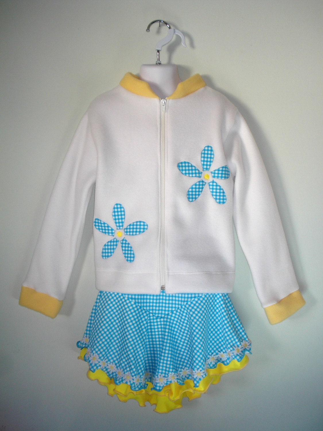 Girl's Ice Skate Jacket & Skirt White Fleece Jacket Blue-n-White Gingham Skirt w/Daisy Trim and Yellow Underskirt