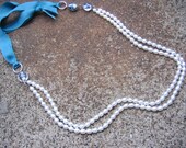 Soft Embrace Necklace - Vintage Ribbon, White Glass Pearls, Clear Lampwork Beads with Splashes of Purple, Cobalt Blue and Aqua