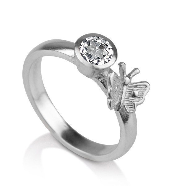 White sapphire ring, white gold, butterfly ring