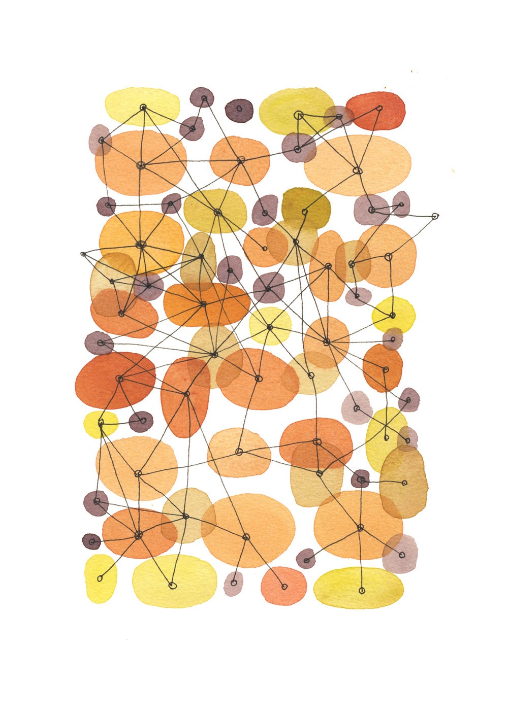 Summer Art print from original watercolor painting Orange dots connected by thin lines positive art