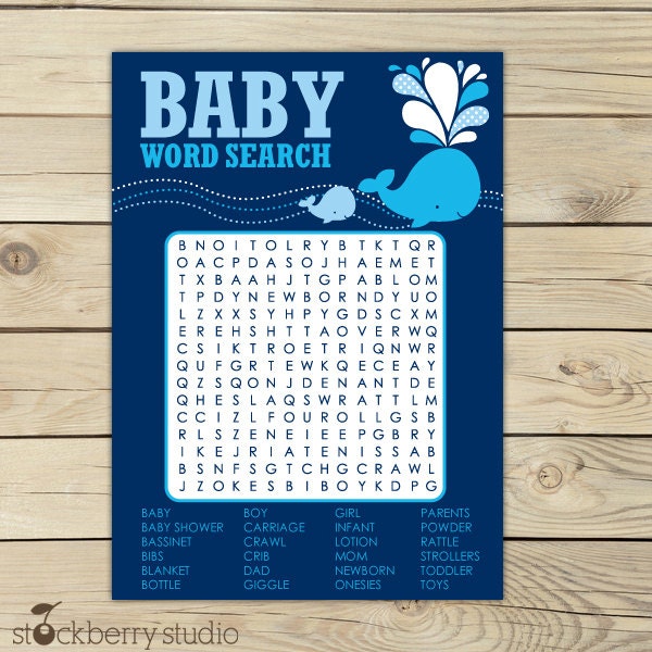 Whale Baby Shower Navy Blue Printable Word Search Game - Instant Download Il_570xn