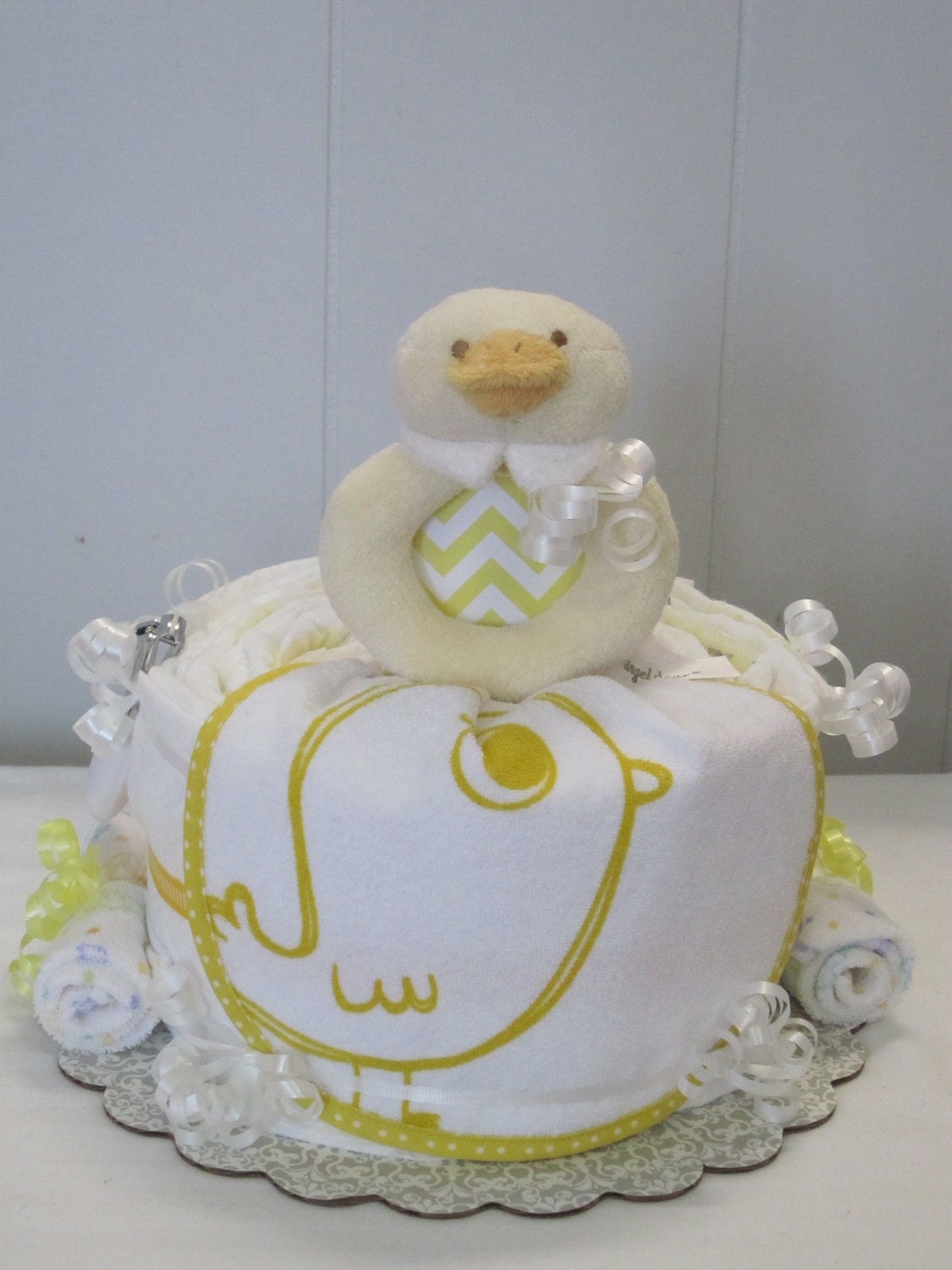 Modern Yellow Duck Diaper Cake with Chevron Detail-Neutral Baby Gift