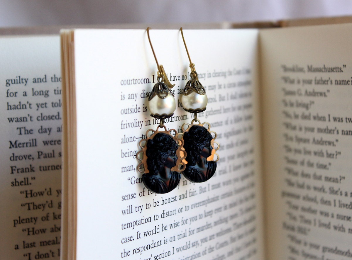 Cameos & Lace Earrings, Victorian Pearl and Black Jet Drops