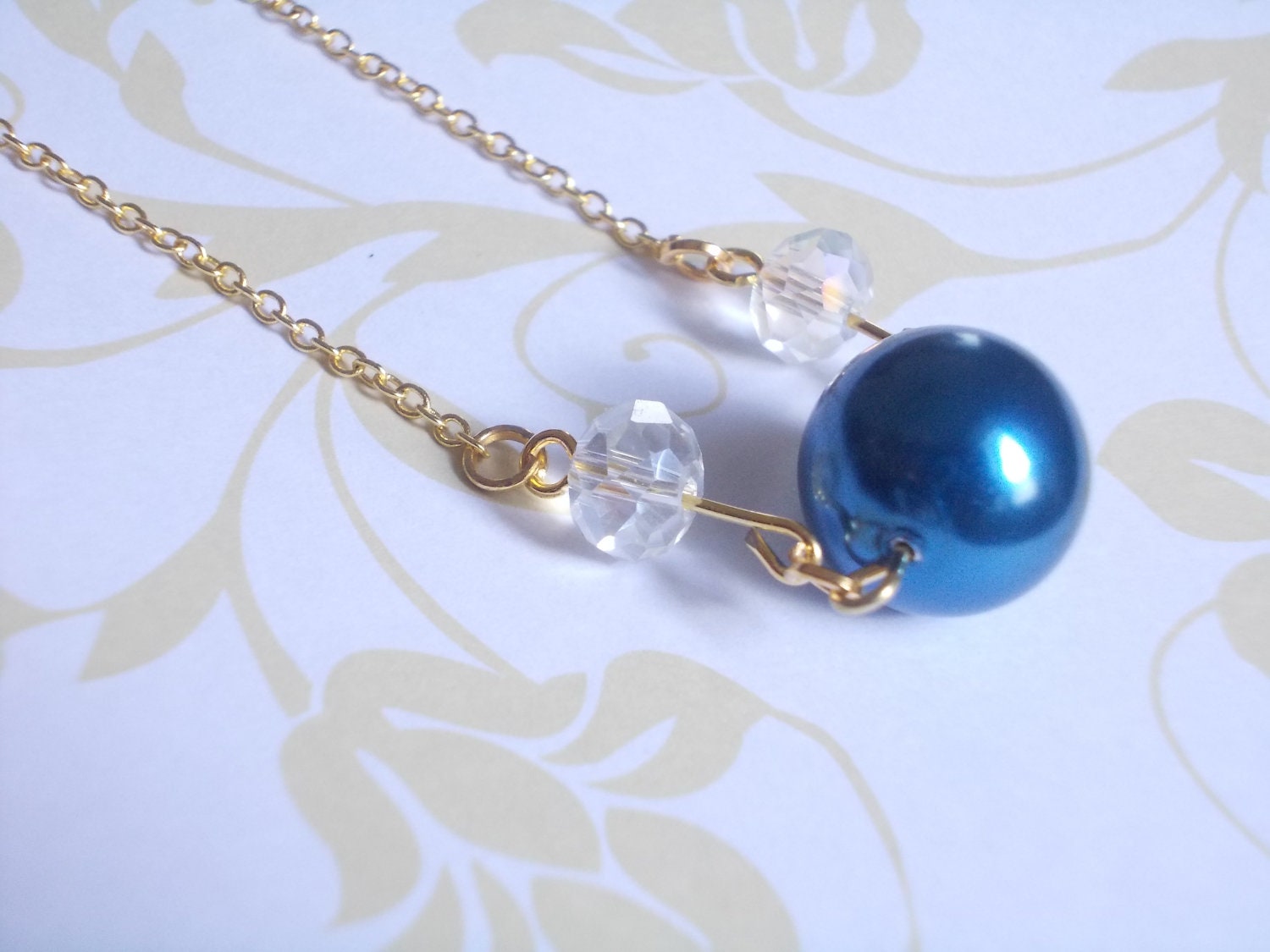 Blue crystal necklace gold chain. One big blue pearl and two glass faceted beads in crystal. Gift for her