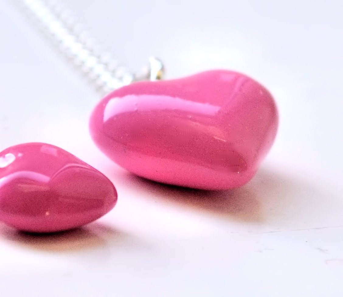Large Puffed Pink Enamel Heart Necklace, Strong Curb Chain High Quality 925 Sterling Silver Hot Pink