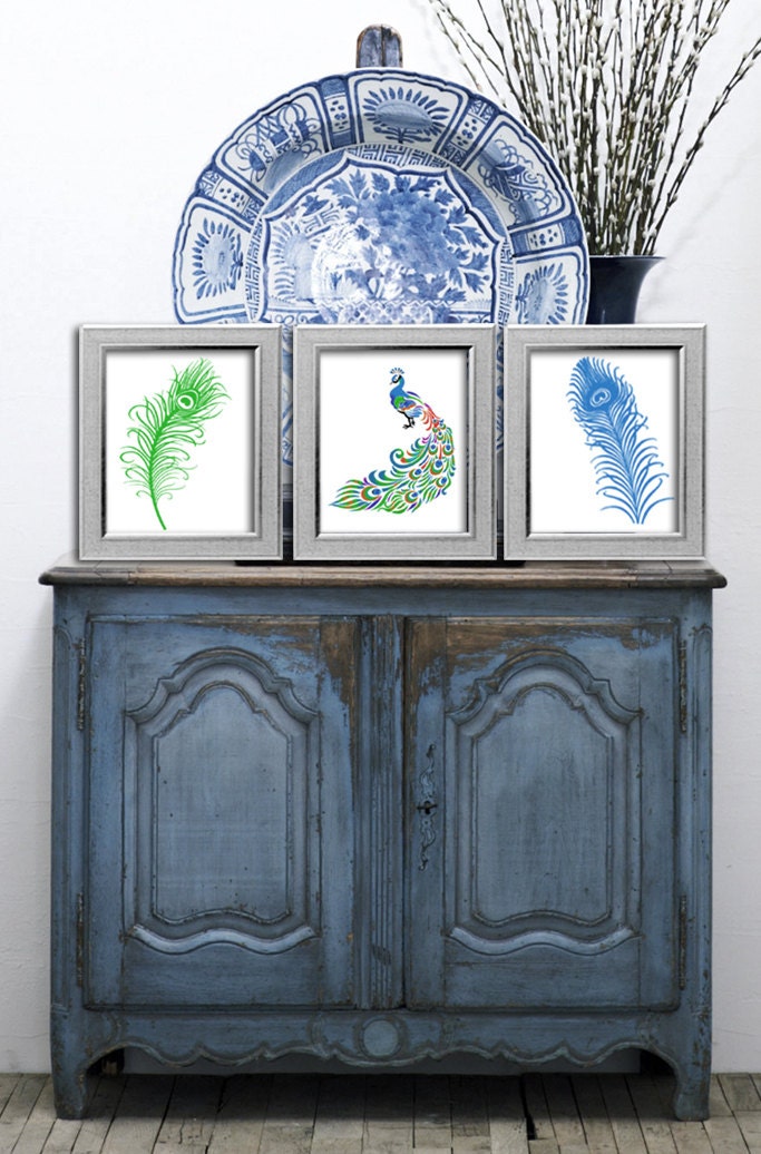 Original Art Modern peacock print Blue green Bird feathers Contemporary poster set Wedding gift Home office decor Gift for Christmas