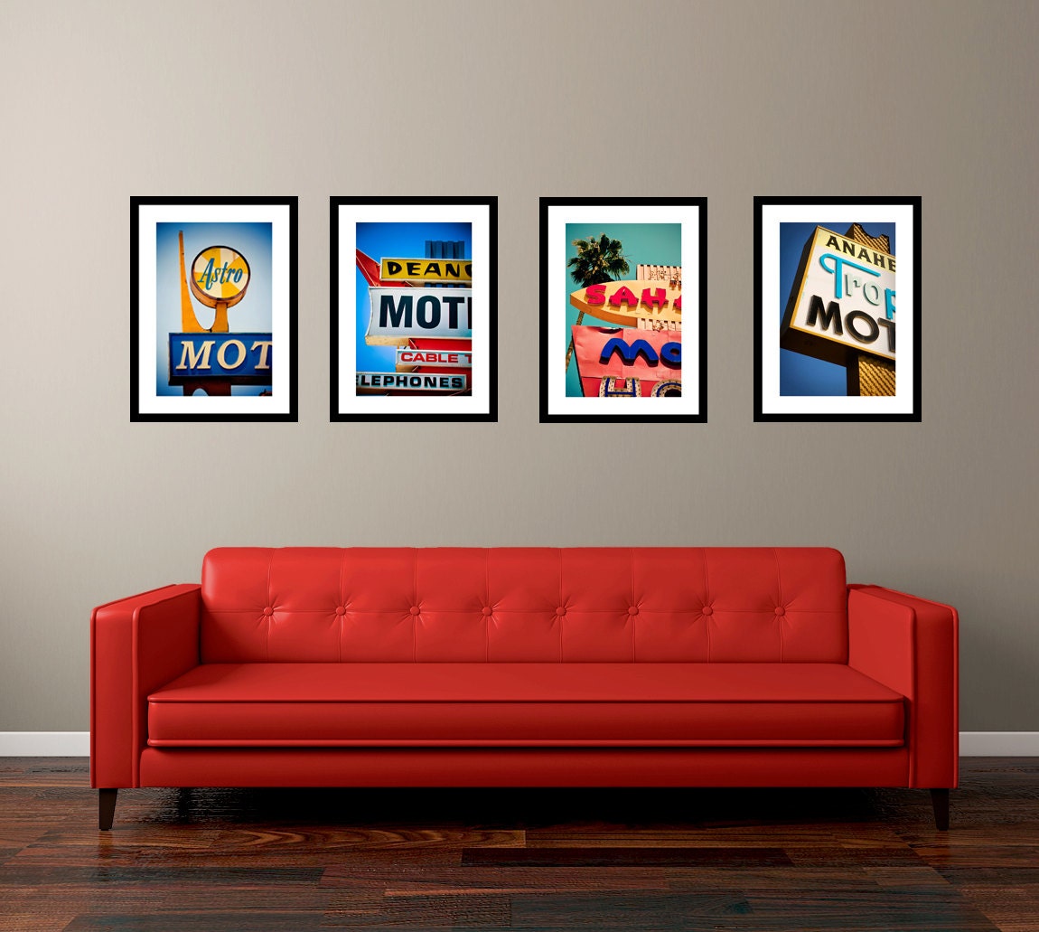 Save 20% - Staycation Set of Vintage Los Angeles Neon Motel Signs - Colorful Retro Wall Art - Googie Decor - Four 12x18 prints