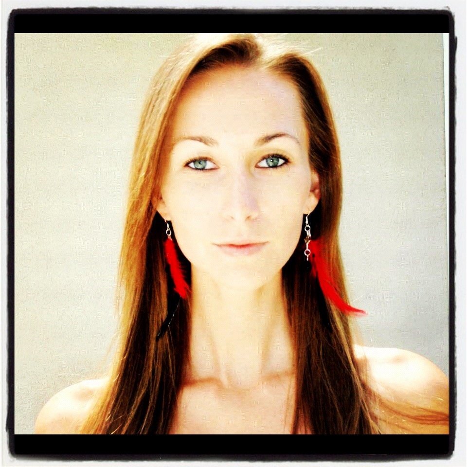 Red and black feather earrings with black agate cross bead silver plated