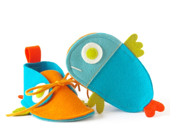 Boys & girls baby shoes - turquoise orange newborn baby booties, Guppies kids slippers Size 2, unisex shower gift