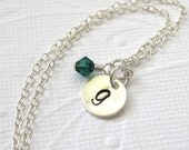 Birthstone initial necklace, Custom handstamped personalized necklace, Sterling silver jewelry, Minimalist necklace, Bridesmaid gift