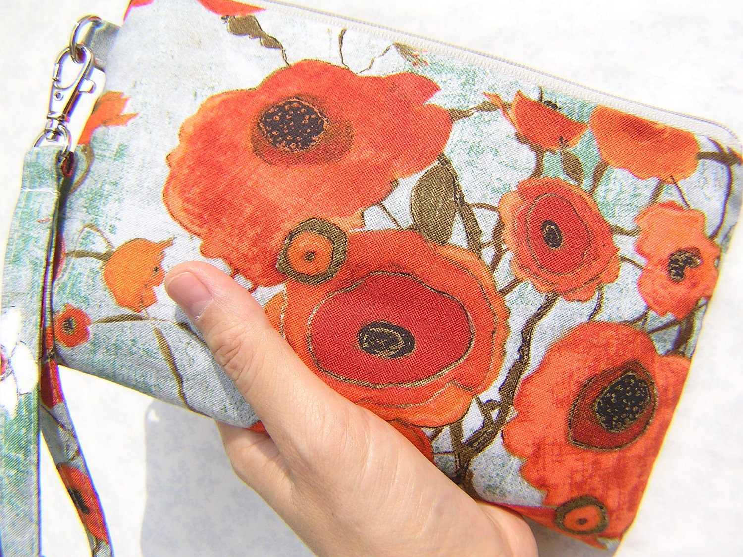 BRIDAL WEDDING CLUTCH, gift pouch, 2 pockets, bridesmaids, handmade, cosmetic - Red Poppies on teal