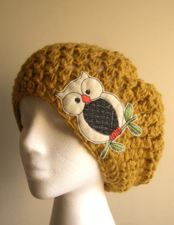 Mustard Yellow Slouchy Beanie Crocheted Hat with Owl