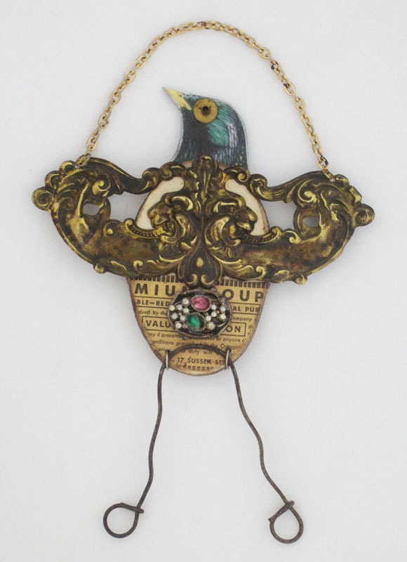 SALE-Folk Art Bird with Brass Hardware Wings