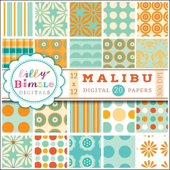 Malibu orange and aqua digital papers for cards, scrapbooking teal Il_570xn