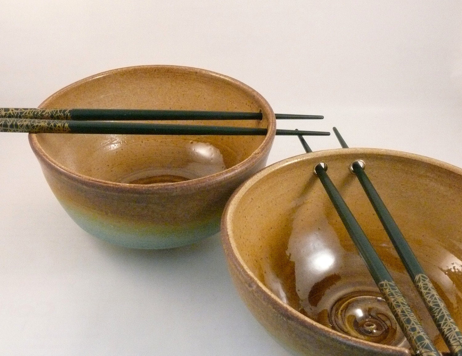 Two Rice Bowls with Chopsticks in  Teal and Amber Noodle Bowls / Sushi Oriental dishes / couples gift / wedding housewarming hostess