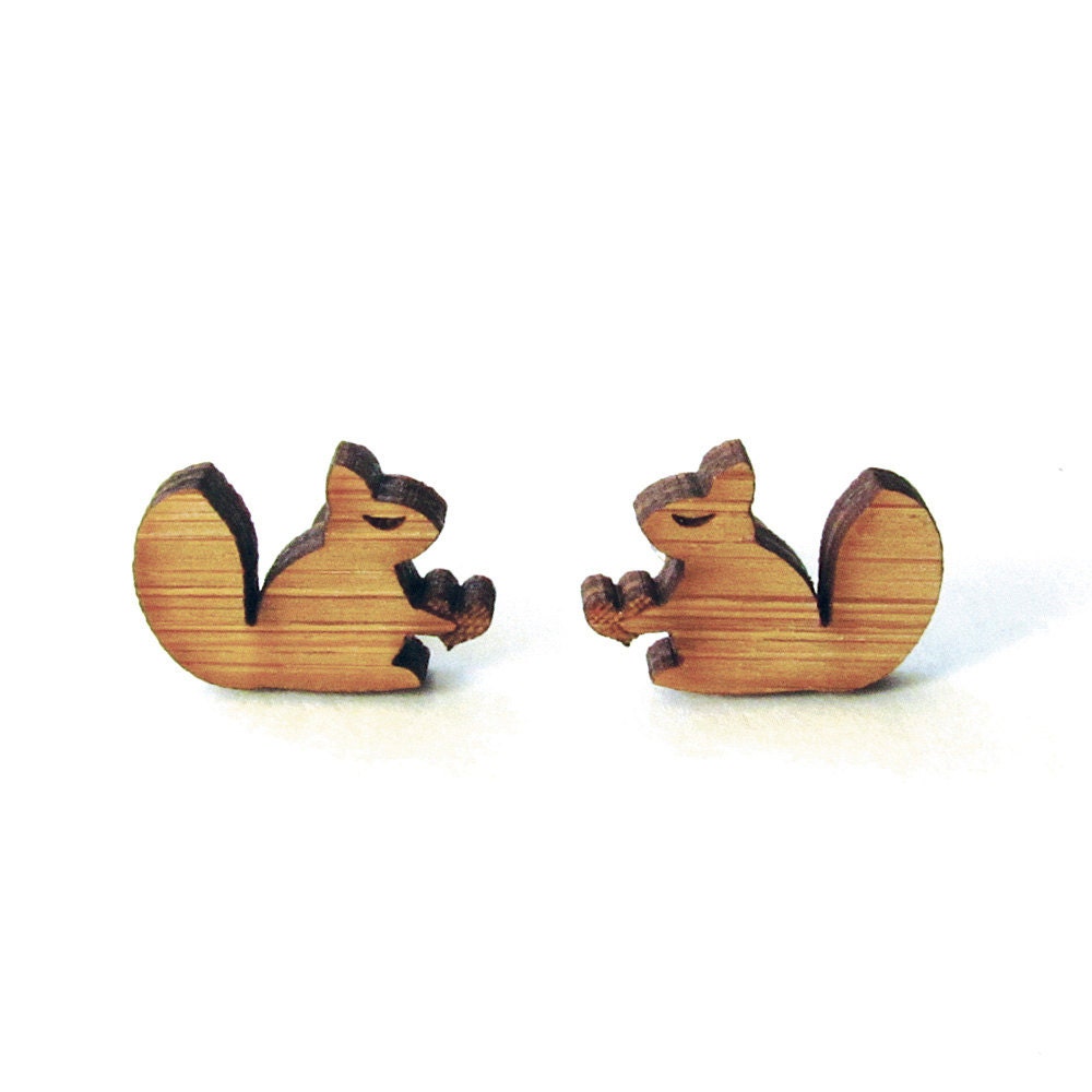 Little Squirrels - Bamboo Wood Earrings - Laser cut - Stud - Cute