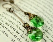 Vintage Tooled Brass "Clarion in Green" Bohemian Crystal Drop Earrings