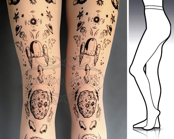 L/XL Lost in Space tattoo tights / stockings / full length / pantyhose / nylons White
