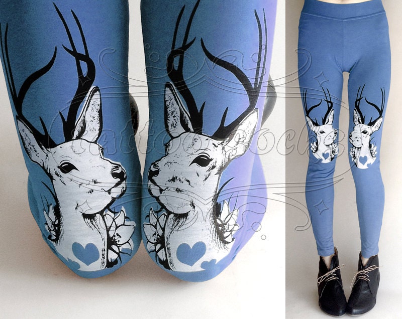 M blue Oh Deer cotton hand printed skinny leggings / footless tights