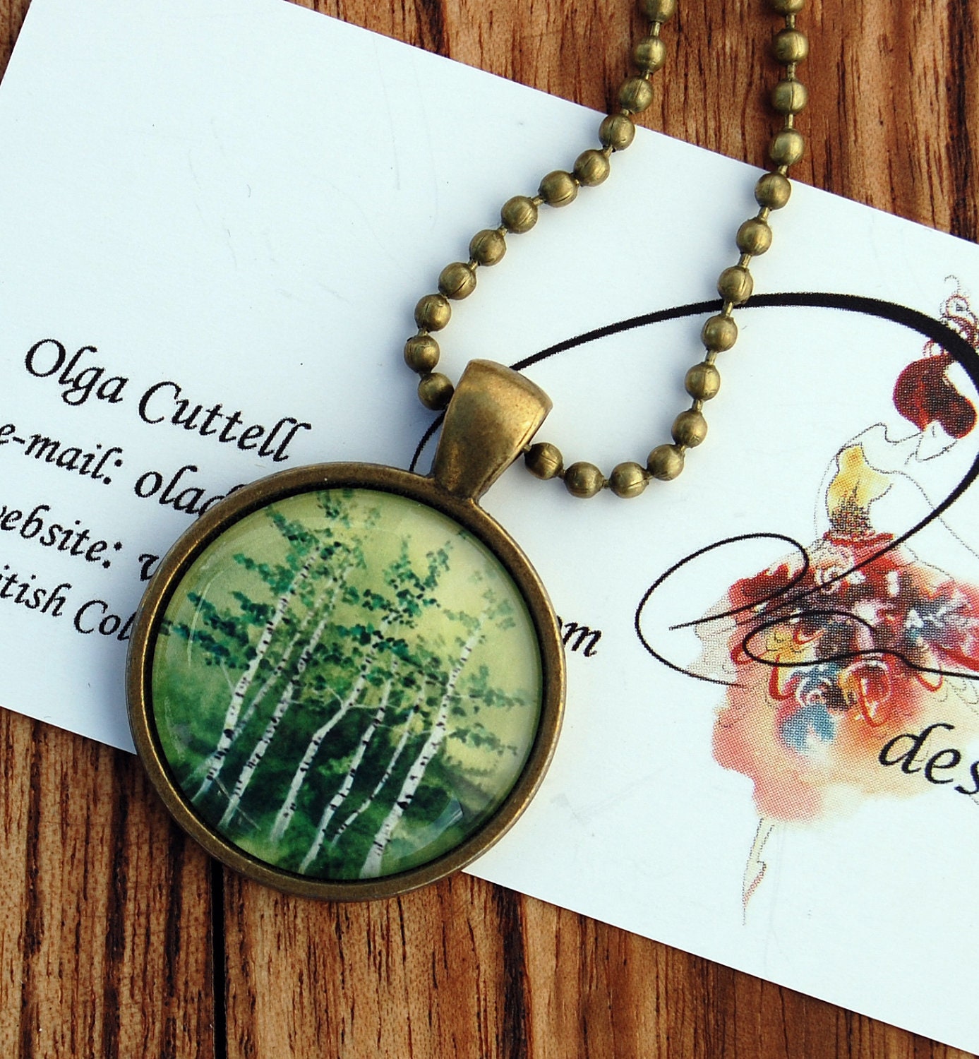 Glass Antique Bronze Pendant "Tranquil Grove" Oladesign watercolor art green birch colourful tree round jewelry chain handmade Canadian