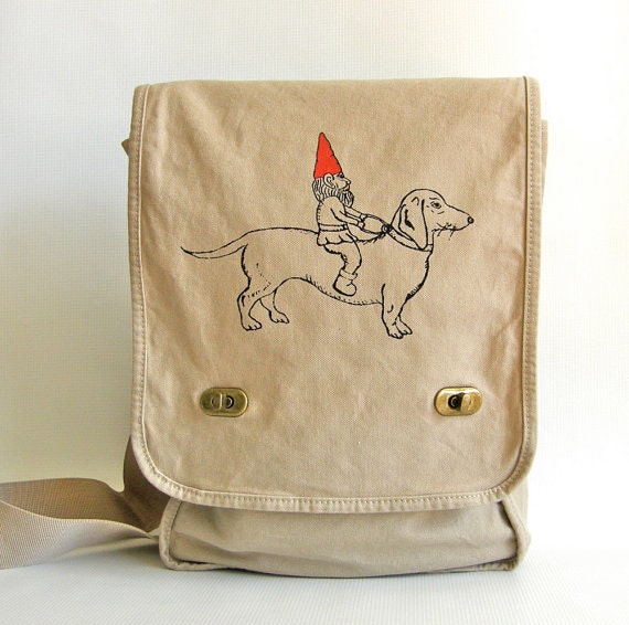 Gnome and Dachshund Messenger Bag-Field Bag-Screen Printed Cotton Canvas-  Gift Under 30 Dollars