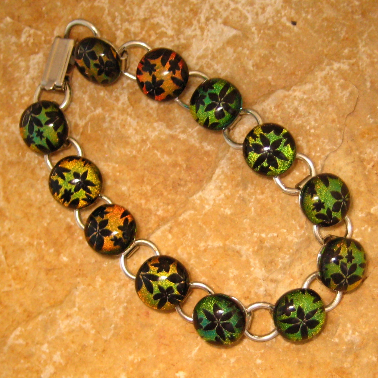 Fused Glass Bracelet, Link Bracelet, Dichroic Jewelry Fused Glass Bracelet Copper Daisy Chain