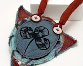 Clover leaf fabric necklace, teal and terracotta - original fiber art adornment
