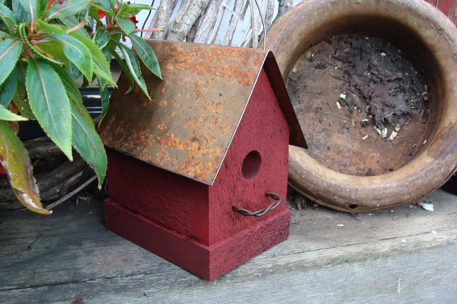 Gift for Dad, Rustic Red Birdhouse Old Farm & Country Cottage Industrial Home and Garden