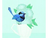 blue bird art print -- Birds & Teacups No. 9 -  bird art, nursery, kids art, childrens room art, bird, flower, turquoise