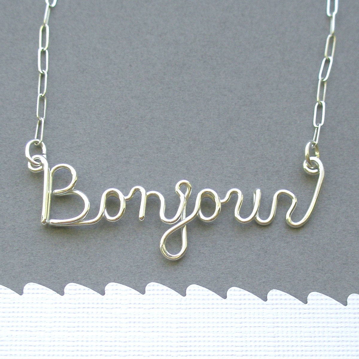 Bonjour necklace (sterling silver wire word)