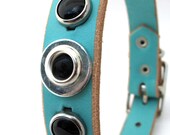Leather Dog Collar In Aqua with Industrial Circles, Size S, Small Dog, 10-13in Neck, Handmade, Eco Friendly, OOAK