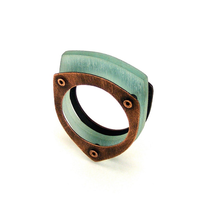 Oxidized Copper and Aqua Resin Riveted Ring - Sentiment - mkwind