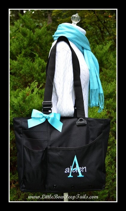 Boys Super Feature Tote - Initial and Name Monogrammed Diaper Bag - Personalized Large Size Solid Color Baby Shower Gift Idea