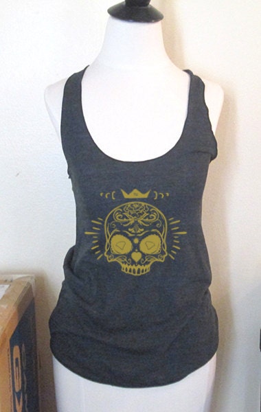 Tomorrows Unknown signature tank - racerback tank tee american apparel - Day of the Dead Skeleton crown