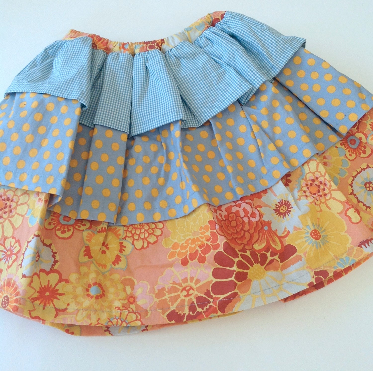 Ruffle skirt in wedgewood blue, gold, and peach, size 4, one of a kind