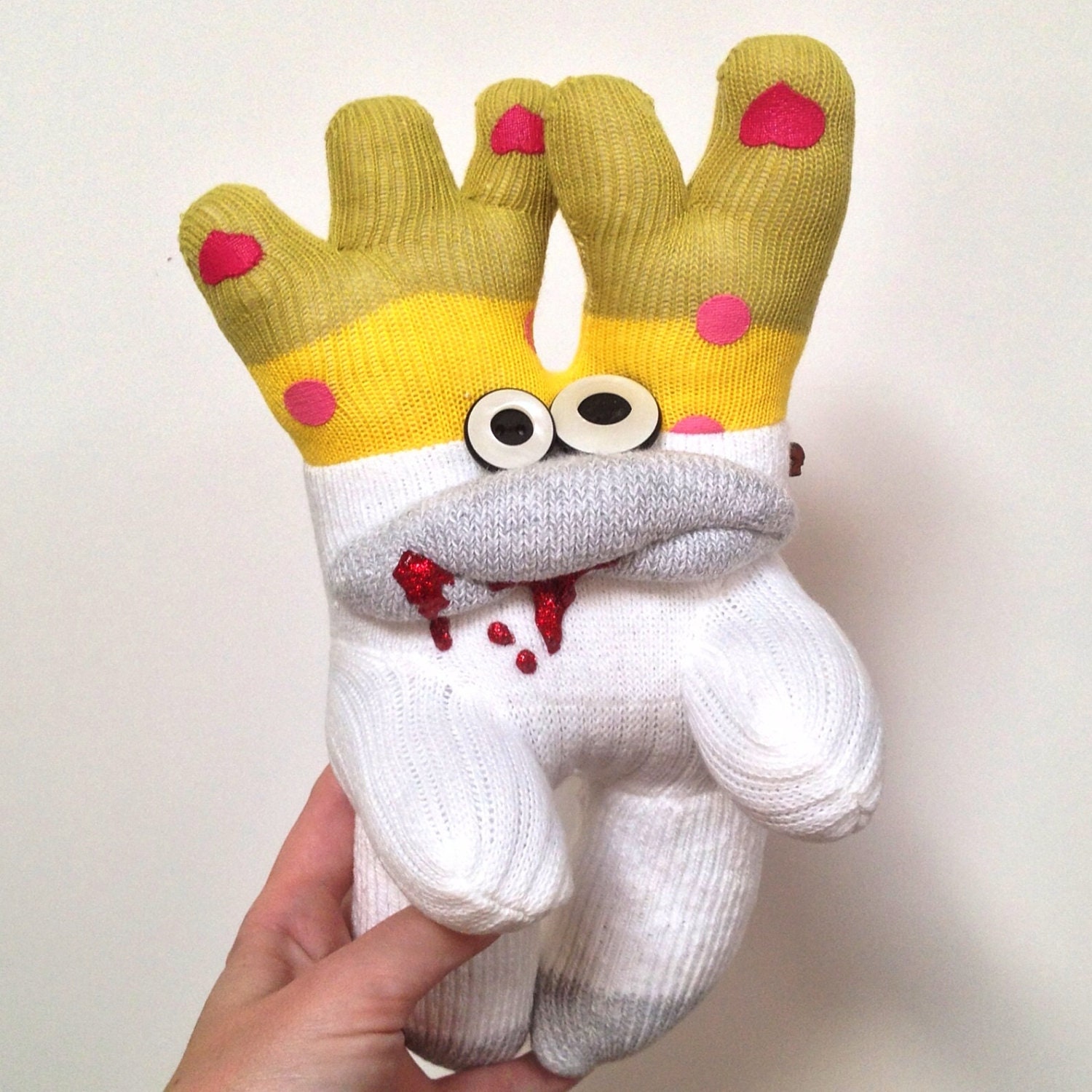 Shelly Belly, A Sock Zombie with Yellow and Hearts Toe Horns