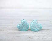 Tiny Earrings with Silver Foil - Heart Ear Studs - Mint - Everyday Earrings - Childrens Jewelry - Gift idea