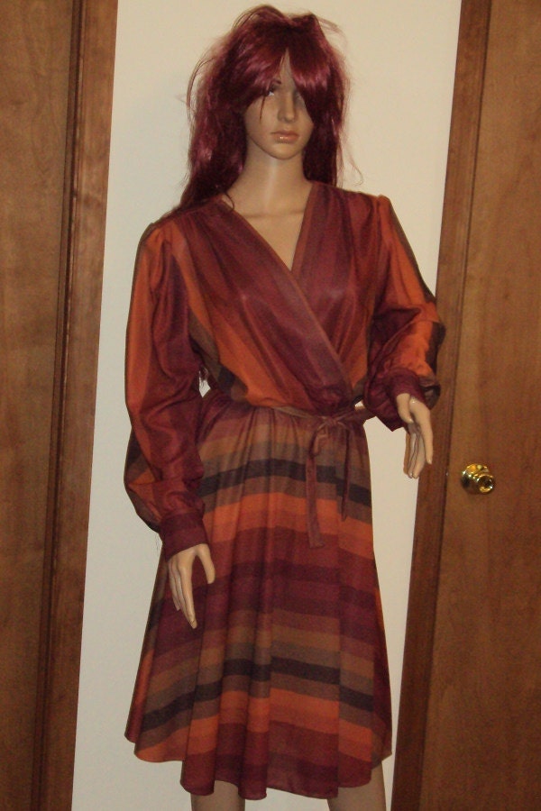 Vintage Sheer Polyester Drape Disco Secretary Low Cut V-Neck Striped Dress 1970s Designer Ajax New York