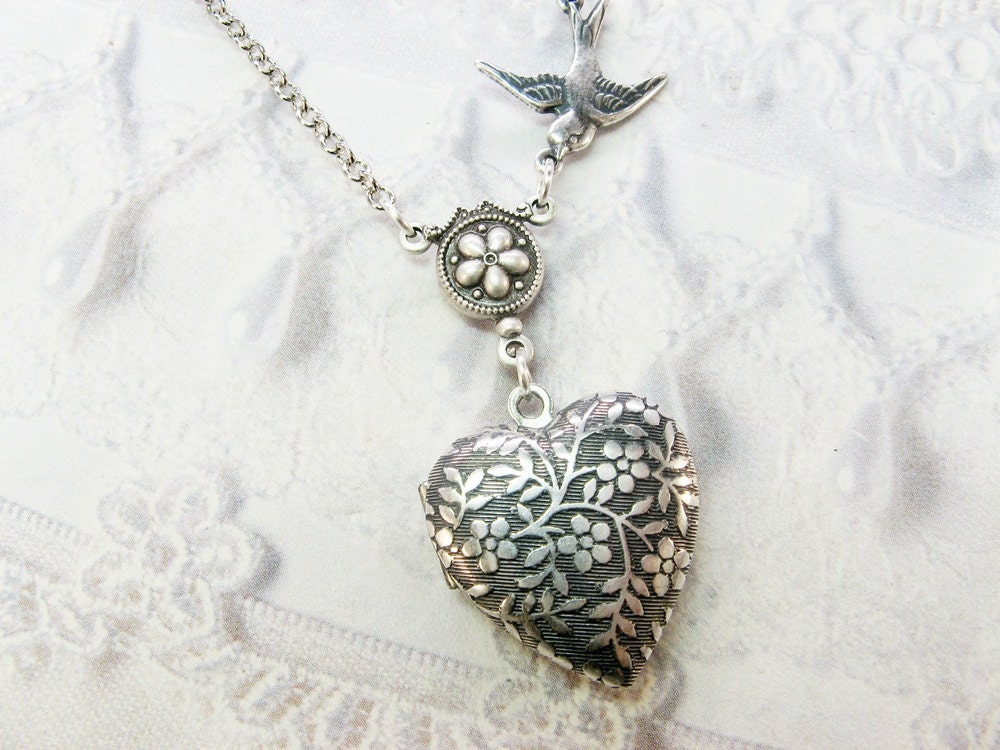 Silver Locket Necklace - Little HEART FLOWER LOCKET - Miniature Locket - by BirdzNbeez - Bridesmaids Wedding Birthday Daughter Gift