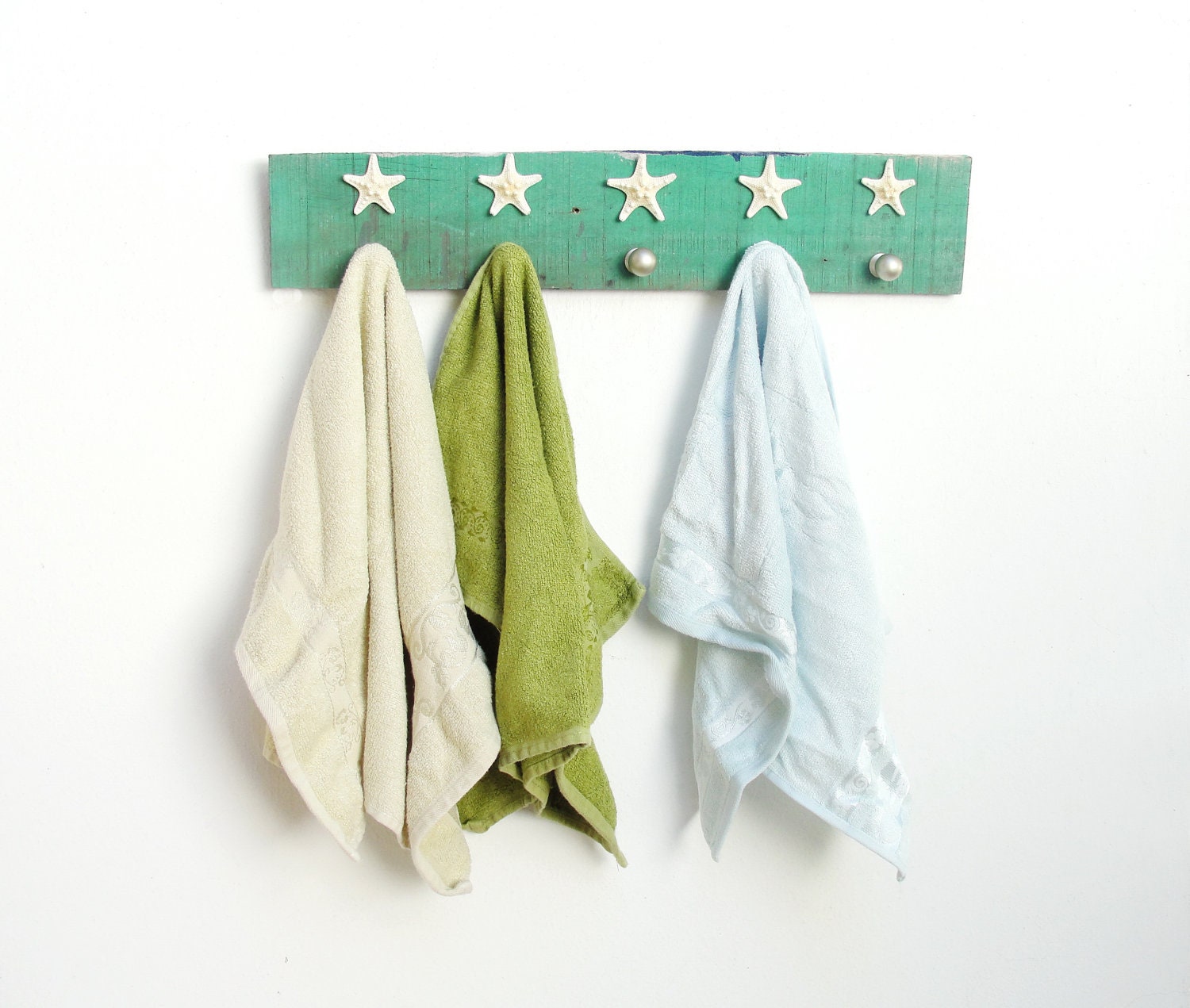 Starfish Towel Holder, Jewelry Organizer Rack, Boat wood, metal knobs, Beach Home Decor