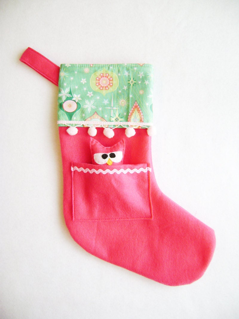 Felt Holiday Stocking - Pocket Peeper Grumpy Owl - Rockin Retro - Hot Pink