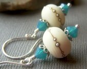 Lampwork Earrings on Sterling . SRA Lampwork White Etched Glass with Fine Silver Dangle . Water's Edge