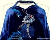 VTG Blue Velvet Halter Dress Silk Velvet is Airbrushed and hand embellished with Glitter Paint sz 5 or 6 Bust 32 waist 28 Hip 37