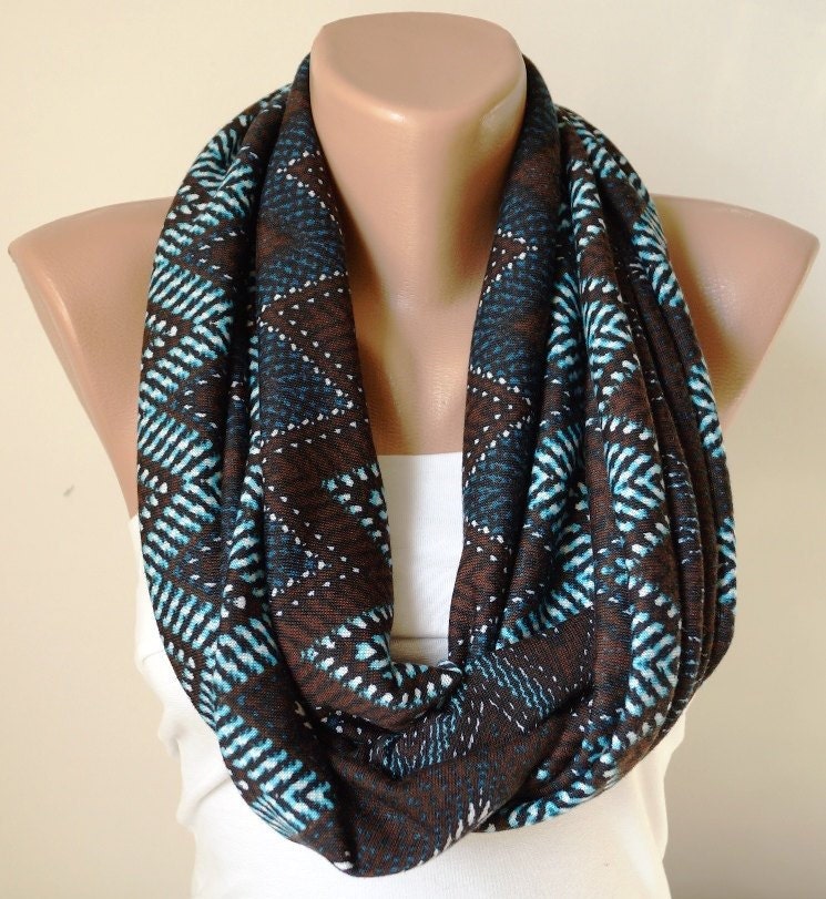 Chevron Scarf. Loop Scarf .Cowl Scarf. Circle Scarf. Brown and Blue. Jersey Scarf