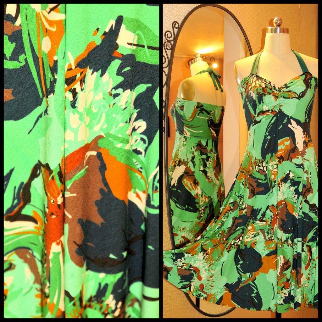 Halter summer dress with an amazing forest inspired camouflage print in shads of green and brown