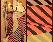 Halter summer dress with an amazing 70's  inspired strip print in brown yellow peach and pink