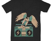 Hawk - V-neck T-shirt Tee Shirt Eagle Falcon Boombox Music Old School Cassette Tape Bird Owl Mixtape Dj Vintage Retro Tri Black Vneck Tshirt