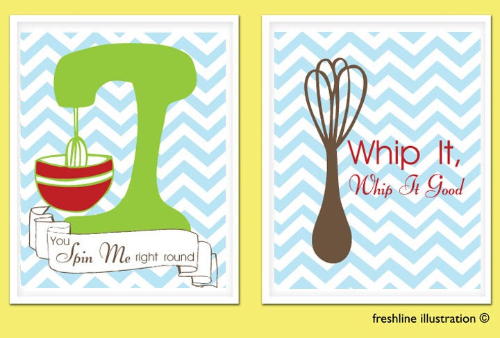 Funny Kitchen Art Print Set - Set of Two 8x10 Art Prints - Whisk - Mixer - Whip it, Whip it Good- Spin Me Round