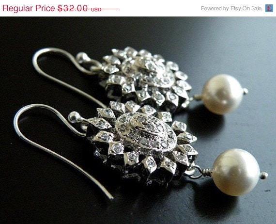 15% Off Sale Swarovski White Round Pearl, Cubic Zirconia Dangle Earrings - Clytie E1